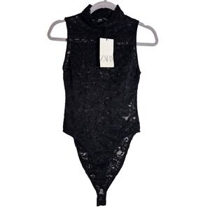 NWT Zara Black Sleeveless Mock Neck Lace Bodysuit Size M